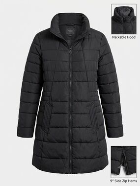 Black Long Quilted Puffer Coat US 14 XL Packable Hood Side Zip Parka Jacket